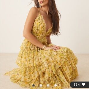 Lace & Beads lace trim tiered maxi dress in buttercup yellow floral